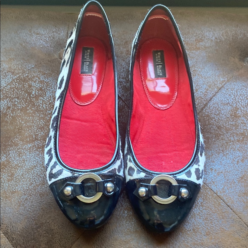 White House Black Market Black and White Calf Hair Flats with Silver Detail